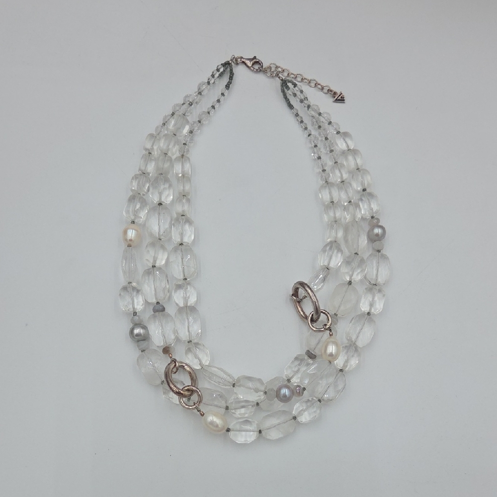 SILPADA Sterling Silver WHITE HEAT Pearl Crystal Rock Quartz 3 Strand Necklace